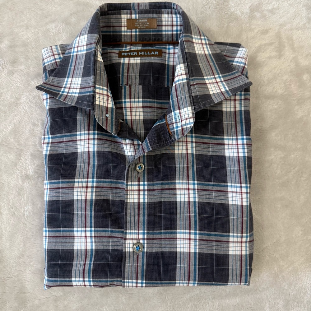 Peter Millar Button Down Shirt Mens Medium Plaid Checkered Long Sleeve